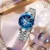 Relógio de Luxo Leve Coração do Oceano Douyin Mostrador de Diamante Vidro Multifacetado Brilhante Pulseira de Aço Sólido Relógio Feminino à Prova d'Água