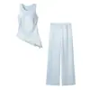 Popular conjunto de top y pantalón, ropa de mujer elegante y a la moda estilo europeo y americano, transfronterizo, dobladillo asimétrico, tela de seda, sin mangas, AliExpress