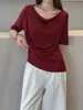 Camiseta de Acetato Satinado para Mujer, Nuevo Estilo de Verano, Cuello Suelto Suave, Manga Media, Top Casual Fresco y Refrescante, Top de Triacetato