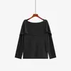Blusa de tricô com visual de duas peças, estilo francês, para mulheres plus size, Outono 2026, top elegante com decote ombro a ombro para mulheres plus size 25135
