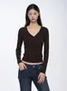 Suéter Archivun de Punto Otoñal con Cuello en V Botones Versátil Manga Larga Ajustado Sexy Camiseta Top