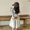 Conjunto de Vestido de Longitud Media para Niñas 2026 Nuevo Estilo Ropa de Trabajo Vestido de Tirantes Elegante Conjunto de Dos Piezas Rayado de Manga Corta para Niños