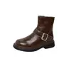 Versión de Piel de Vaca Piel de Caballo Lavada Punta Redonda Tacón Grueso Botines Cortos de Motocicleta Hebilla de Cinturón Botas hasta la Mitad de la Pantorrilla para Mujer Nuevo Estilo Otoño e Invierno 2025