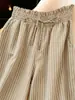 Pantalones de lino retro casual a rayas de pierna ancha para mujer, verano 2026, pantalones casuales holgados de talle alto con caída relajada