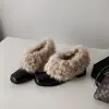 2026 Inverno Bico Quadrado Peludo Slip-on Retrô Plus Veludo Quente Mary Janes Sapatos Pequenos de Couro Sapatos de Algodão Salto Grosso Sapatos Únicos