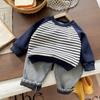 Moletom Infantil 2025 Outono e Inverno Infantil Manga Listrada Lã Manga Longa Quente Jeans Conjunto de Duas Peças Atacado