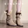 Botas de Cuero Retro para Mujer Estilo Occidental Gamuza Suave Nicho Pequeño Hebilla de Cuero Suave Botines Otoño Invierno Punta Redonda Uso Bidireccional