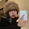 Chapéu de Lã de Urso Fofo para Mulheres no Inverno Acolchoado Pelúcia Quente Peludo Gorro Outono e Inverno Circunferência da Cabeça Grande Chapéu de Tricô