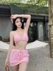 Traje de baño de tres piezas con falda dividida de tela de toalla fresca y sexy de estilo japonés para mujer, dulce estudiante