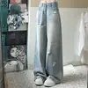 Calça Jeans Rasgada Azul Lavado para Mulheres Primavera e Verão Fina Menina Gorda mm Slim Reta Figura em Pera Cintura Alta Perna Larga