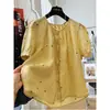 Camisa Redonda de Manga Corta con Bordado Pesado Estilo Coreano de Corazón Pequeño para Mujer, Blusa Elegante de Verano, Top de Ramio Súper Bonito, Delgado