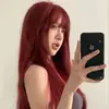 Dibujo animado coreano cabeza falsa femenina pelo largo flequillo al aire Rojo natural celebridad de internet dulce pelo largo liso cobertura completa de cabeza