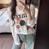 Camisa base de algodón puro con estampado de margaritas chic estilo coreano para primavera y otoño, camiseta de manga larga con cuello redondo para mujer, top fino holgado y único