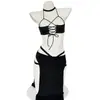 Lingerie Sexy Mulher Madura Sexy Dona de Casa Fenda Preta Cintura Alta Pura Desejo Camisola Conjunto Sem Necessidade de Tirar 2998