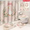 Serie Día de San Valentín Juego de Cortina de Ducha de 4 Piezas y Alfombrilla para Baño del Hogar, Cortina de Ducha Divisoria de Separación Seca y Húmeda, Cortina de Ducha Impermeable