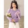 Suéter de Punto con Lazo y Flor 3D Estilo Francés Suave para Mujer, Top de Punto de Otoño con Temperamento