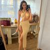 Vestido dividido de moda con cuello hueco y costuras de color sólido para mujer, estilo francés, nuevo, europeo y americano, estación independiente, venta al por mayor