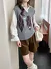 Elegante Chaleco de Punto con Patrón de Diamantes en Bloques de Color y Lazo Otoño 2026 Nuevo Cuello en V Sin Mangas Chaleco de Punto para Apilar para Mujer