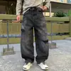 Jeans de mezclilla negros estilo americano para hombre, de calle, con diseño retro, casual, holgado, pierna recta, lavados y pierna ancha