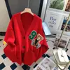 Cardigan de Tricô Versátil Estilo College Soltinho com Desenho de Urso Outono e Inverno Jaqueta Suéter Suéter Cartoon Tendência Europeia e Americana Feminino
