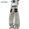 Jeans Retro Americano con Estampado de Leopardo y Bolsillo de Parche para Hombres Mujeres Sueltos Calle Pierna Ancha Plátano Pantalones Casuales Venta al por Mayor