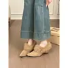 Estilo Suave! Sapatos de Camurça Retro Bico Fino com Borda Peluda para Mulheres, Sapatos de Inverno com Forro de Lã Aumentadores de Altura
