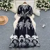 Vestido Estampado de Manga Corta con Cuello en V Estilo Retro Francés para Mujer Verano Estilo Bohemio de Resort Cintura Alta Ajustado Falda Larga