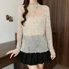 Blusa de encaje talla grande para otoño e invierno, tela cepillada gruesa y suave, capa base versátil, top interior elegante de manga larga