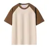 Estilo Novo Verão 2026 Camiseta de Algodão Puro Pesado com Mangas Caídas Soltas de Manga Curta, Top Unissex Color Block Raglan