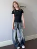 Jeans Retrô Americano Lavado com Padrão de Nó de Bambu Perna Curva Feminino 2026 Novo Solto Emagrecedor Cintura Alta Perna Larga Comprimento Total