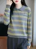 Camisa versátil de lana finamente hilada, ligera y cálida, con rayas, cuello clásico, manga larga, para mujer, para primavera y otoño, estilo commuter
