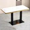 Mesa y Sillas de Comedor de Losa de Roca con Bordes Dorados, Taburetes de Madera Maciza, Juego de Mesa y Sillas para Restaurante, Cafetería o Tienda de Snacks y Bebidas para Uso Comercial