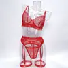 Bestseller transfronterizo: Conjunto de lencería sexy de encaje transparente con sujetador con aros, portaligas y anillos para las piernas, conjunto erótico de puro deseo
