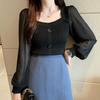Suéter Nicho con Sentido del Diseño Francés Clavícula Cuello Cuadrado Top Manga Larga de Chifón Costuras Suéter de Punto para Mujer