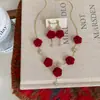 Colar Choker de Veludo Vinho Tinto Flor Rosa Romântico de Alta Qualidade Vintage Brinco Noiva Casamento Noivado