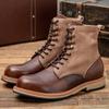 Shanghai Jie Chuqiu Novo 2022 Flat Round Toe Polido à mão Cor Retro Estilo Britânico Sapatos Masculinos Camada Superior Botas de Cano Baixo de Couro de Vaca
