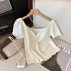 Blusa de Tricô com Laço e Renda Pura Desejo, Manga Curta para Mulheres, Top Curto Básico Ruffle Slim Fit de Verão