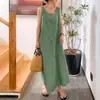 Vestido elegante sin mangas con cuello redondo y bolsillos sueltos de algodón y lino de estilo sencillo con tirantes largos de estilo europeo y americano para mujer