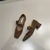 Sapatos Mary Jane Sapatos de Bico Quadrado Femininos Novos Retro Salto Grosso 2025 Palavra Estampa de Leopardo com Forro de Lã Fivela Primavera e Outono Cinta de Camurça
