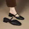 Temporada do Primeiro Encontro: Sapatos Femininos Estilosos - Sandálias de Verão para Mulheres, Meio Chinelos Abertos na Ponta, Sapatos Femininos Trançados Vazados com Salto Grosso