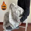 Calça Casual Masculina Retro Americana de Perna Reta com Cintura Elástica e Pelúcia Interna para Outono Inverno Streetwear Solta Tendência com Cordão de Perna Larga