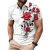 Comercio Electrónico Transfronterizo Camisa Polo de Manga Corta para Hombre Europea y Americana Cuello Camisero Camiseta Estampado de Rosas Tacto de Alta Gama No Planchar POLO Al Por Mayor