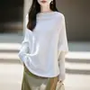 Suéter de Tricô Soltinho Estilo Morcego 100% Lã Outono Inverno com Fendas para Mulheres Gola Redonda Pulôver Suéter Capa