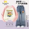 Conjunto Infantil Capivara Primavera e Outono 2025 Suéteres para Meninas Jeans de Perna Reta Conjunto de Duas Peças para Meninas