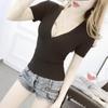 Camiseta de Manga Corta Ajustada de Punto Cruzado con Cuello Redondo Sexy Estilo Coreano para Mujer, Talla Única, Versátil, Escote en V