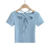 Camiseta de manga corta con cordones y escote en V profundo para mujer, estilo sexy, de chica pura y sexy, novedad de verano 2023, top corto ajustado y adelgazante