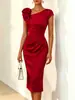 Vestido de Verano 2026 para Mujer Moda Transfronteriza Europea y Americana Color Sólido Decoración Floral Cintura Fruncida Manga Corta