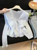 Conjunto de dos piezas de cárdigan fino con lazo estilo francés para llevar en capas sobre top tipo camisola, traje blanco, traje azul con etiquetas