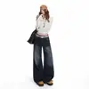 Jeans casuales de pierna ancha para mujer, nuevos de cintura alta adelgazantes holgados modernos azul grisáceo pantalones largos, azul grisáceo longitud extendida por Yichun