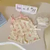 Conjunto de Verão Estilo Novo 2026 para Meninas, Shorts Finos Fofos com Suspensórios para Bebês, Pijama de Seda Gelada para Casa